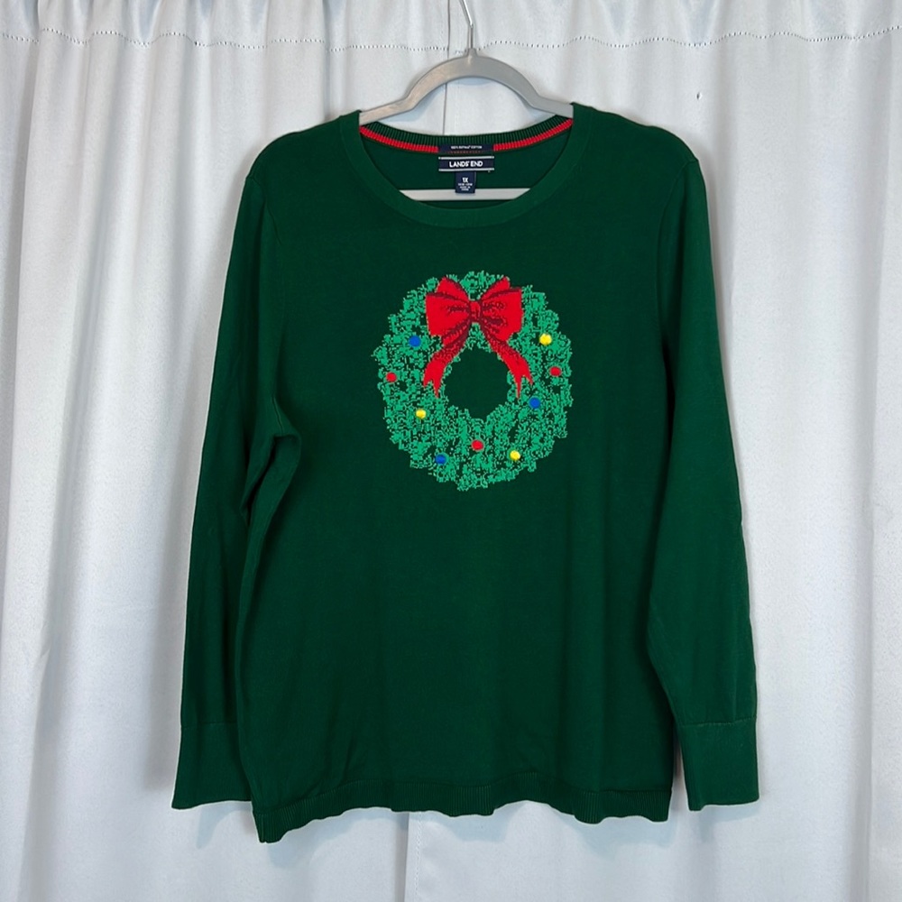 Lands’ End 100%Supima Cotton Green Christmas Wreath Long Sleeve Sweater Size 1X